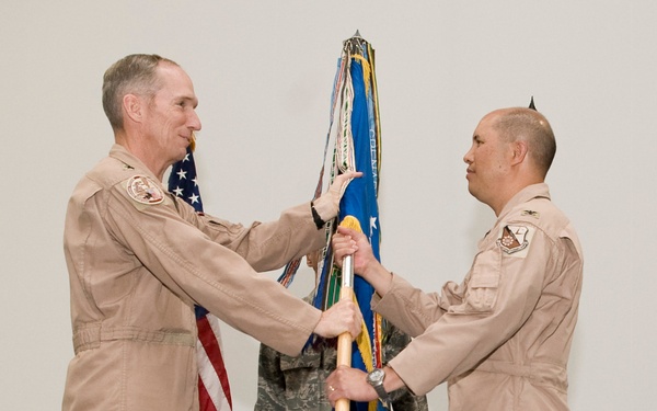 Members of 379th AEW welcome new commander