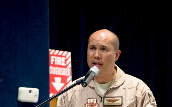 Members of 379th AEW welcome new commander