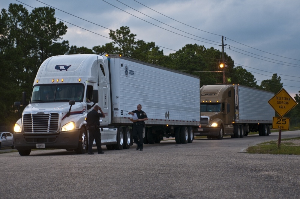 FEMA relief trucks queued at Fort Bragg