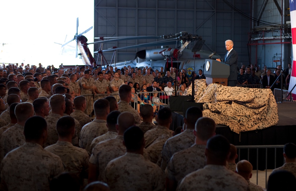 US Vice President Joe Biden speaks to Marines, sailors and their families at Marine Corps Base Hawaii