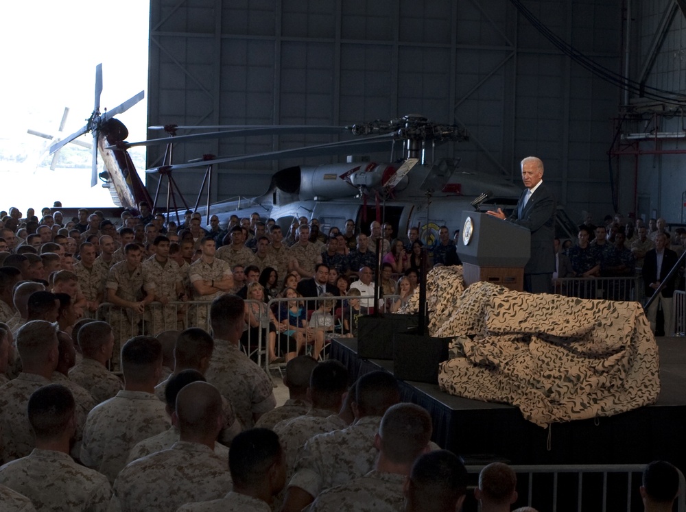 US Vice President Joe Biden speaks to Marines, sailors and their families at Marine Corps Base Hawaii