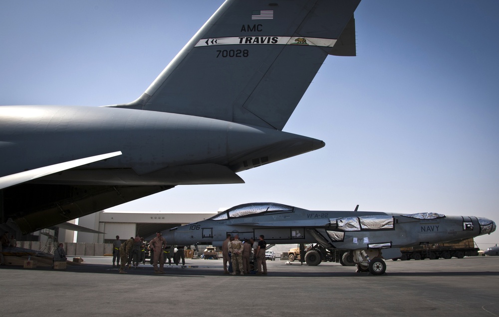 Kandahar crews load F/A-18 onto C-5