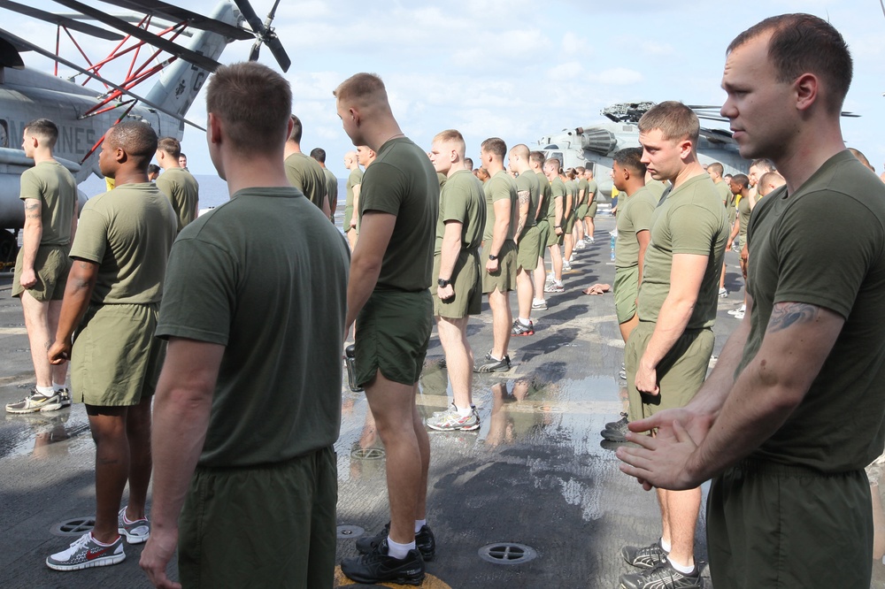 Physical training aboard USS Mesa Verde