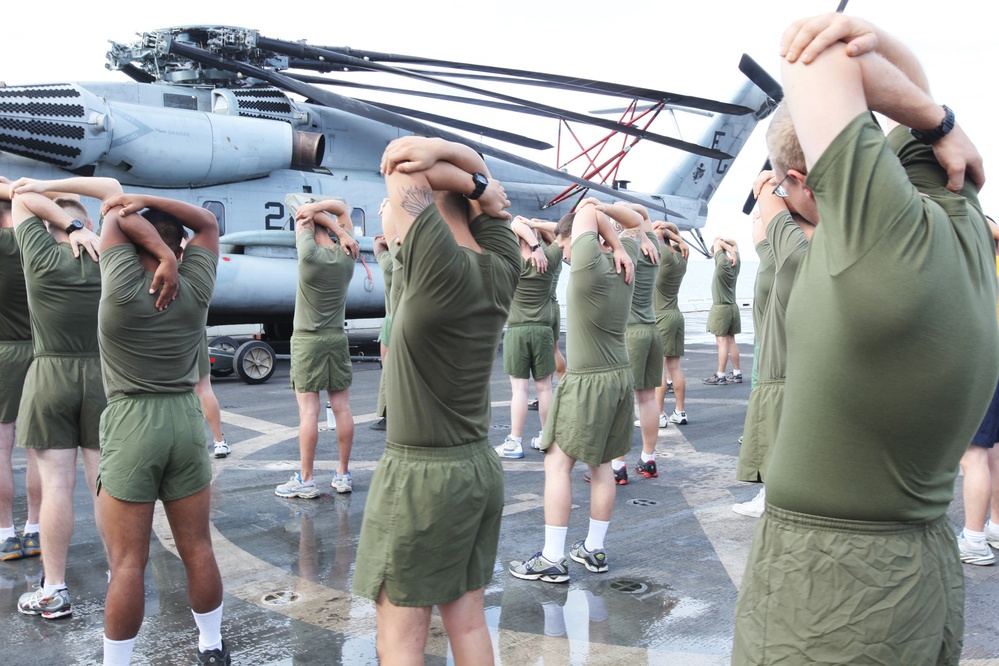 Physical training aboard USS Mesa Verde