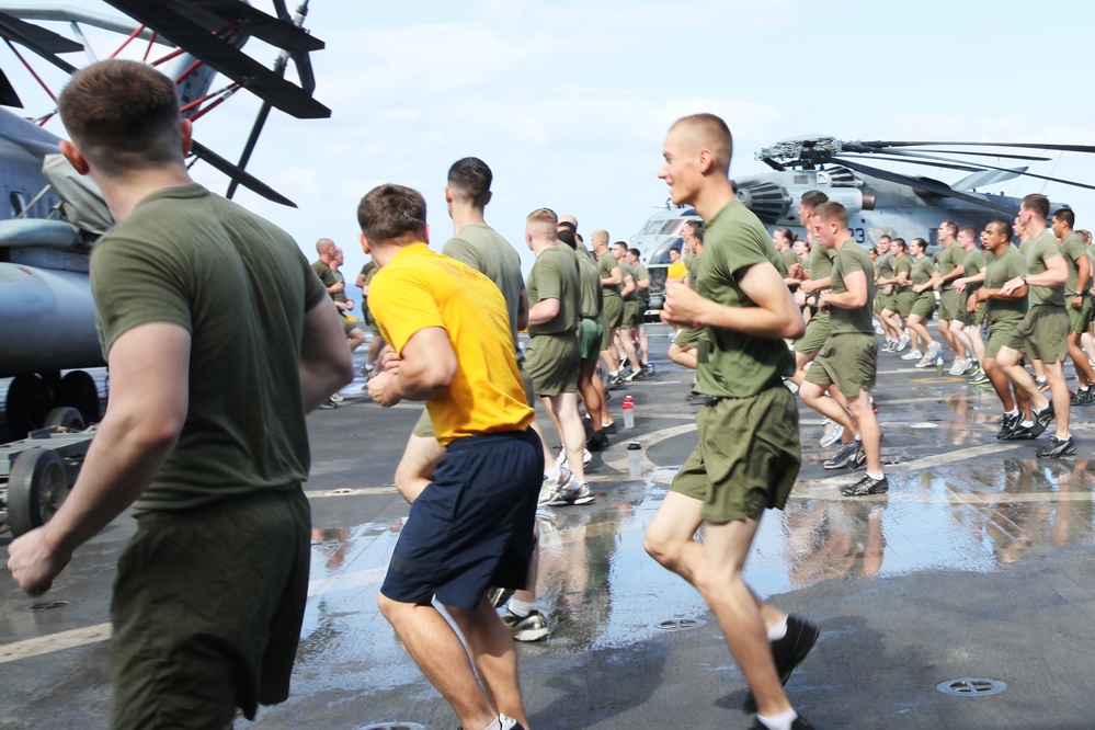 Physical training aboard USS Mesa Verde