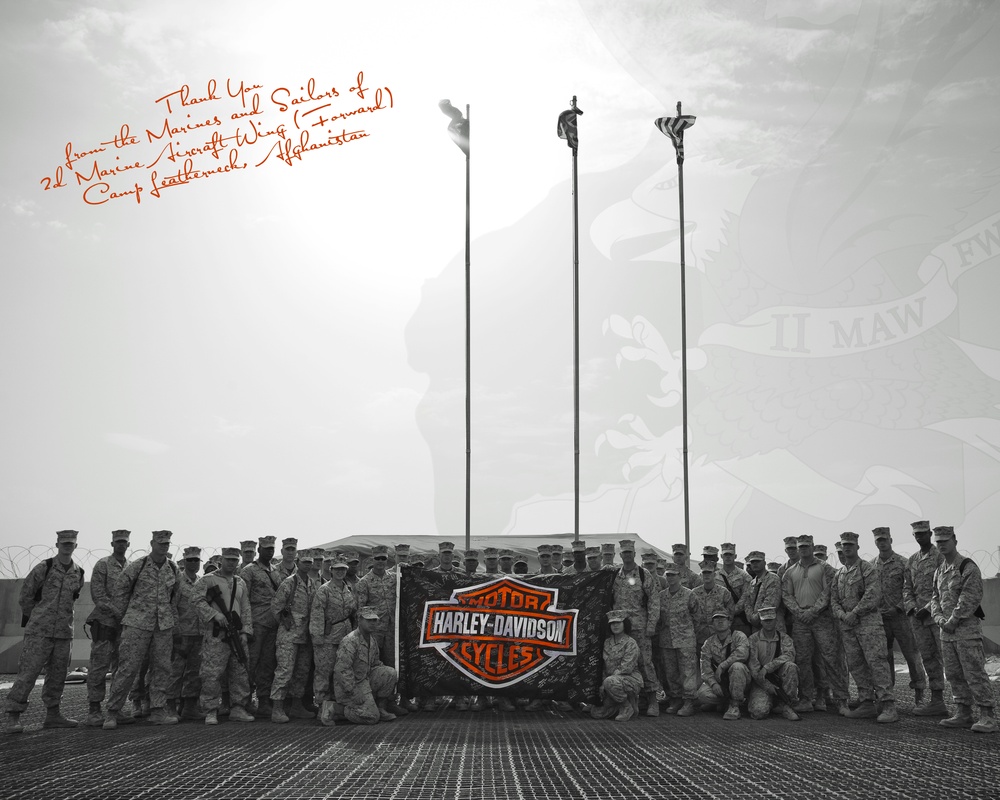 Marines pose for headquarters company of Harley Davidson Motorcycle Company