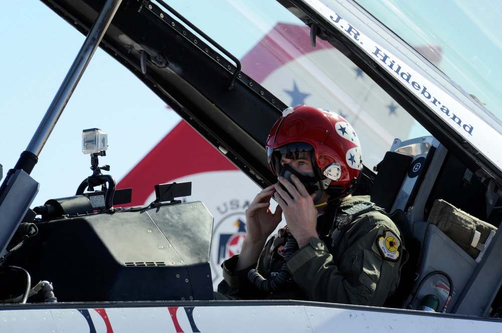IndyCar driver J.R. Hildebrand flies with the Thunderbirds