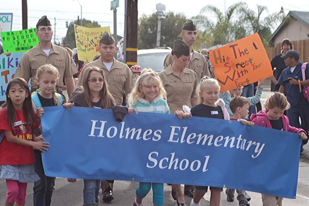 Marines escort elementary students on National Walk to School Day
