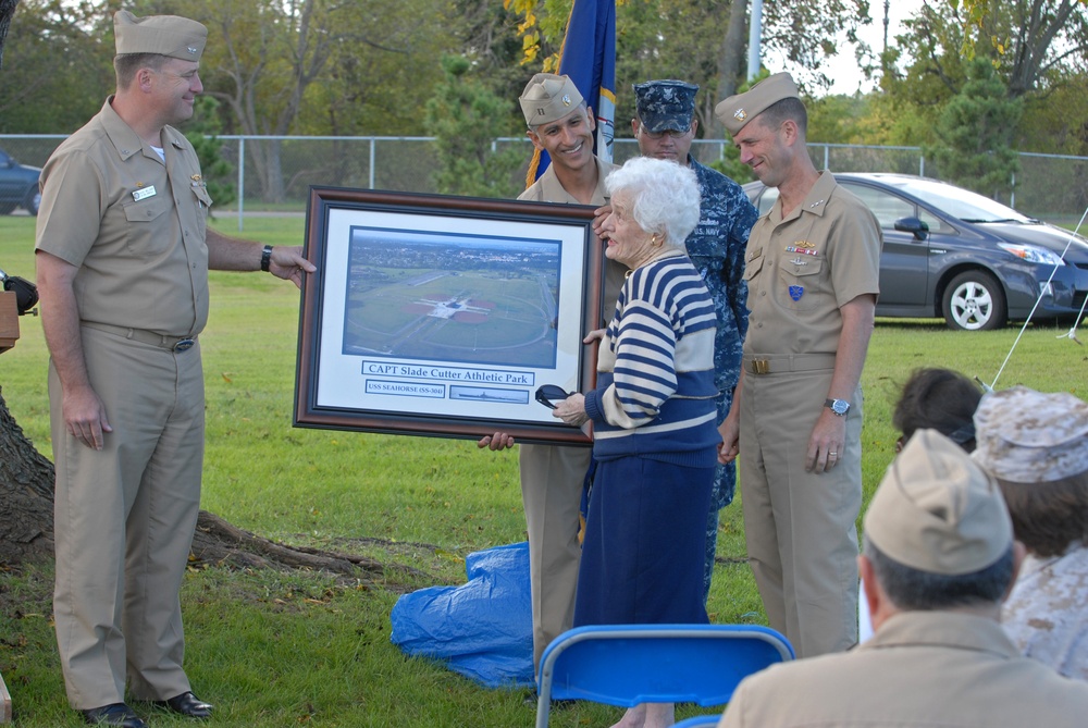 Capt. Slade Cutter's wife receives photo at park dedication