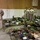 A group of military personnel in desert MARPAT (Marine pattern) camouflage uniforms are gathered inside what appears to be a large indoor facility, likely a warehouse or hangar. Individual gear and equipment sets are laid out on the floor in organized rows, consistent with a military inspection or gear layout drill. Two Marines stand at attention or at ease in the foreground while a group of three to four personnel confer in the background.