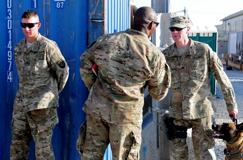 Command Sgt. Maj. Lambert presents coins to military working dog demonstrators