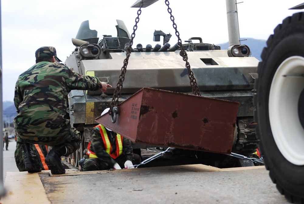 Soldiers from the Republic of Korea's army conduct rail operations