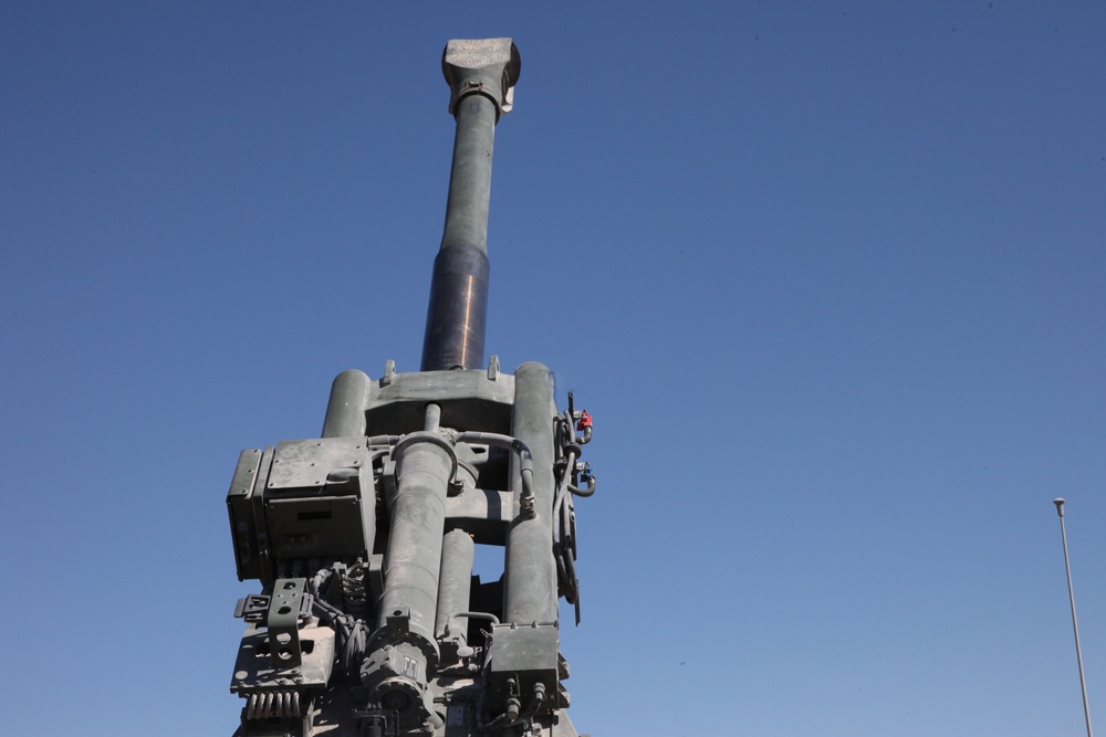 Shooting of a rare round, Excalibur, out of a M-777 A2 Weapon System by the 1-37th Field Artillery Unit at Fort Irwin, Calif.