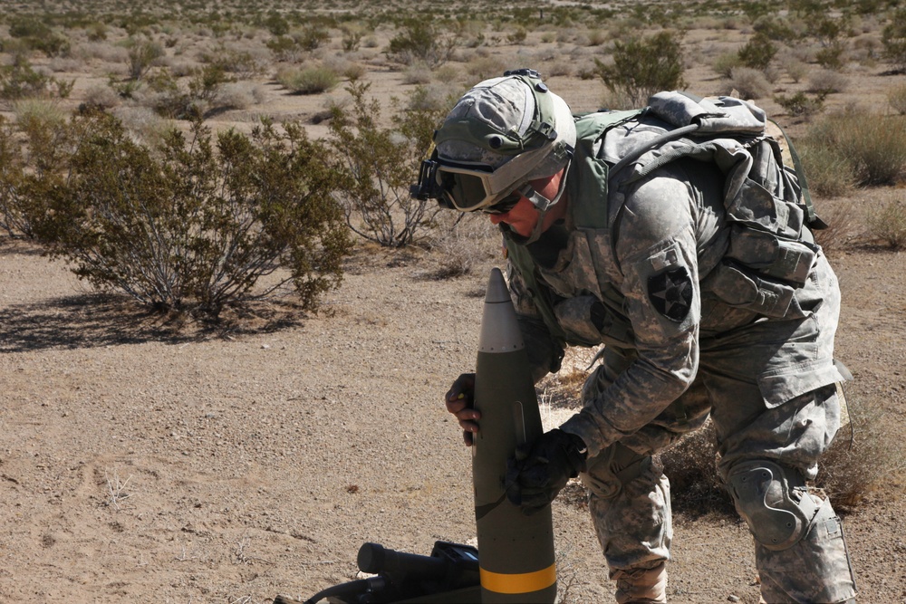 Shooting of a rare round, Excalibur, out of a M-777 A2 Weapon System by the 1-37th Field Artillery Unit at Fort Irwin, Calif.