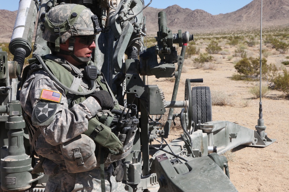 Shooting of a rare round, Excalibur, out of a M-777 A2 Weapon System by the 1-37th Field Artillery Unit at Fort Irwin, Calif.