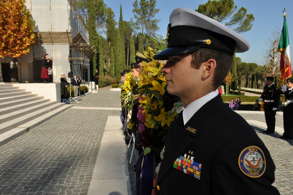Navy JrROTC cadets lay wreathes at Florence American Cemetery