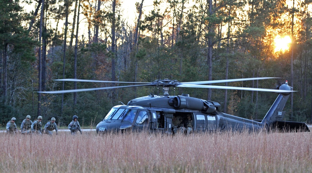 A military UH-60 Black Hawk helicopter, marked with the number 520, has landed in an open field at dusk or dawn with a tree line in the background. Several soldiers in combat gear are moving away from the aircraft in a tactical formation. The scene appears to depict a military training exercise or operational insertion/extraction.