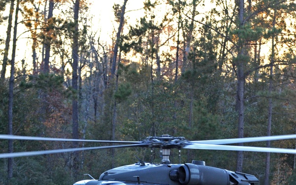A military UH-60 Black Hawk helicopter, marked with the number 520, has landed in an open field at dusk or dawn with a tree line in the background. Several soldiers in combat gear are moving away from the aircraft in a tactical formation. The scene appears to depict a military training exercise or operational insertion/extraction.