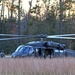A military UH-60 Black Hawk helicopter, marked with the number 520, has landed in an open field at dusk or dawn with a tree line in the background. Several soldiers in combat gear are moving away from the aircraft in a tactical formation. The scene appears to depict a military training exercise or operational insertion/extraction.