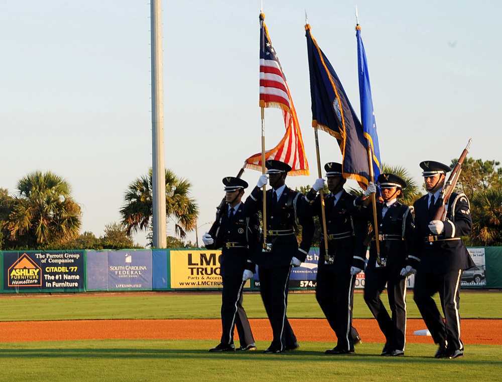 Joint Base Charleston Honor Guard post colors at Charleston River Dogs Baseball Military Appreciation Night