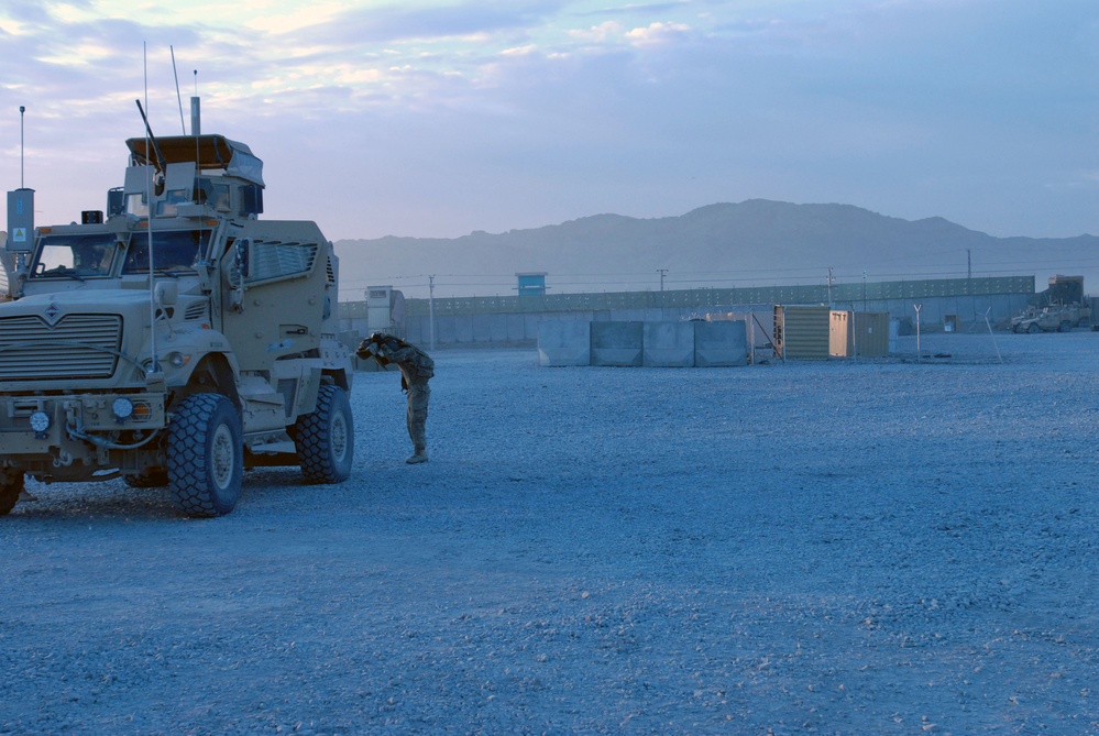 MRAP vehicle in the early morning