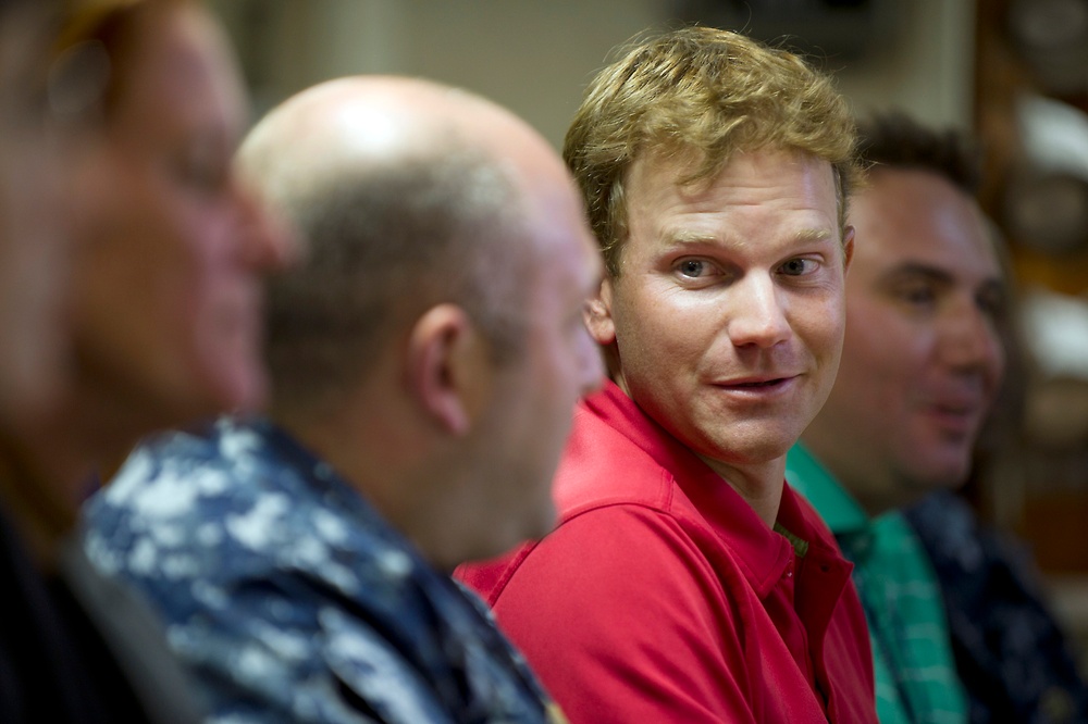 Former US Navy lieutenant turned PGA professional Billy Hurley III visits the USS Chung-Hoon