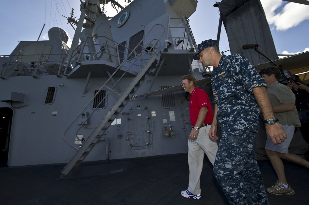 Former US Navy lieutenant turned PGA professional Billy Hurley III visits the USS Chung-Hoon