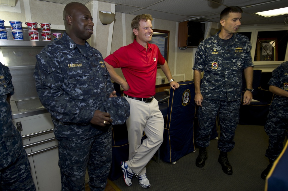 Former U.S. Navy lieutenant turned PGA professional Billy Hurley III visits the USS Chung-Hoon