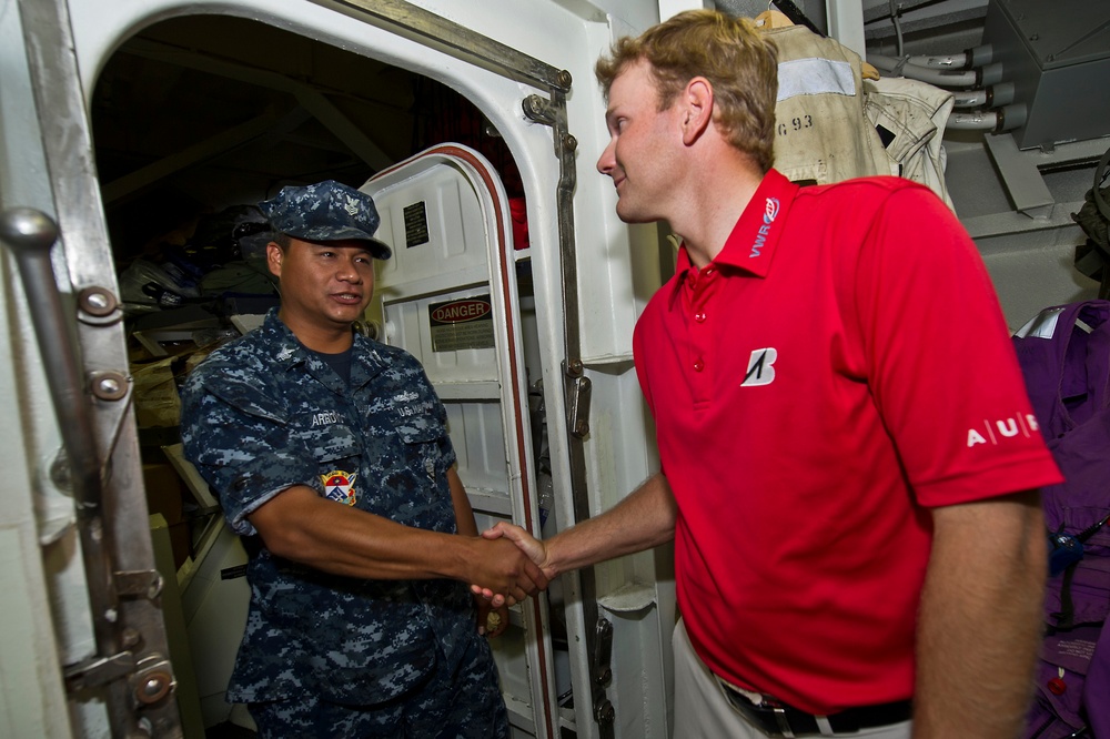 Former U.S. Navy lieutenant turned PGA professional Billy Hurley III visits the USS Chung-Hoon