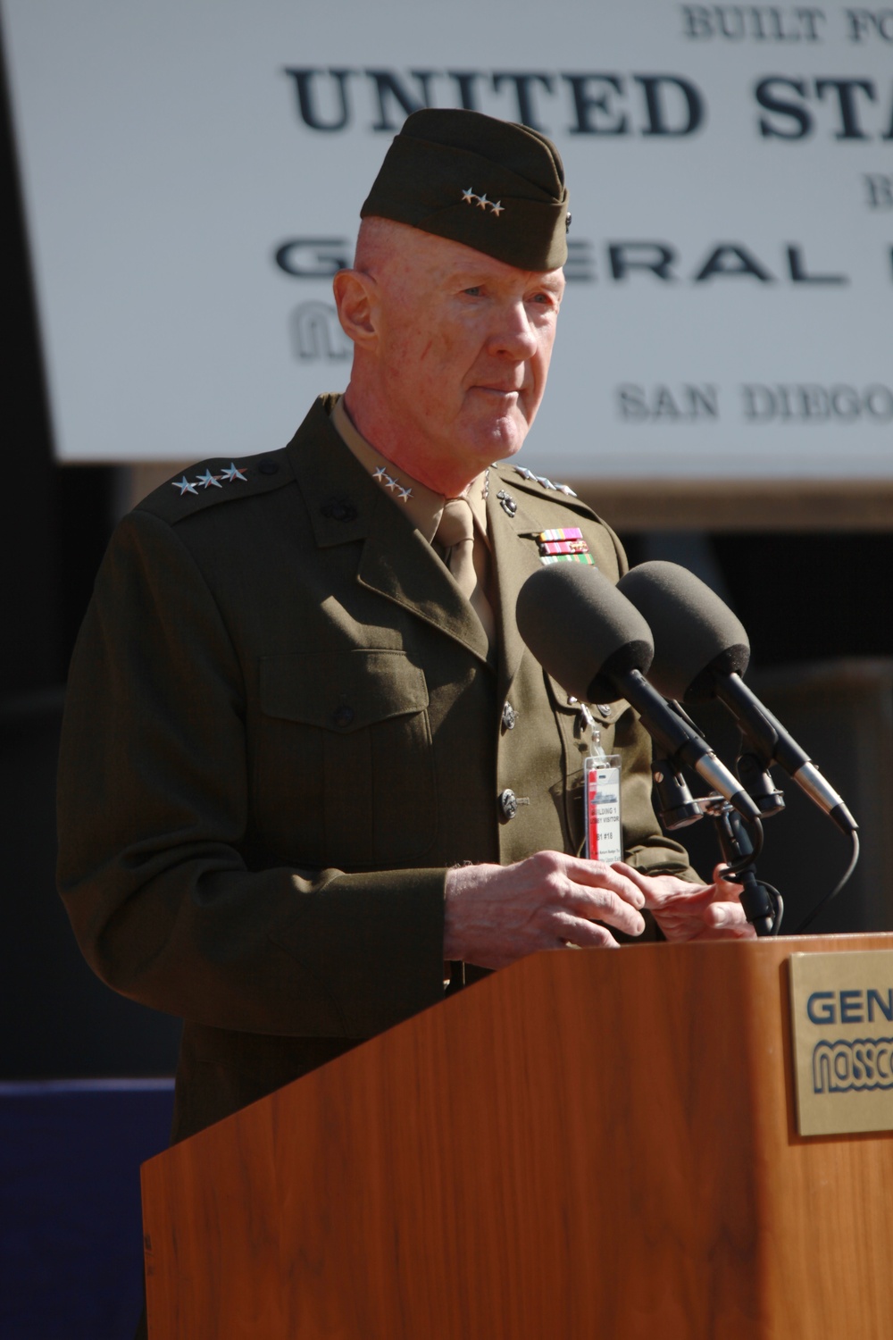 U.S. Marine Lt. Gen. Richard Mills speaks at a Keel Laying Ceremony at the General Dynamics NASSCO shipyard