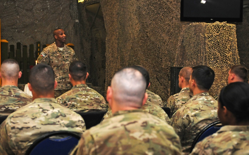 Command Sgt. Maj. Lambert speaks with 82nd Airborne Soldiers at NCO Induction ceremony