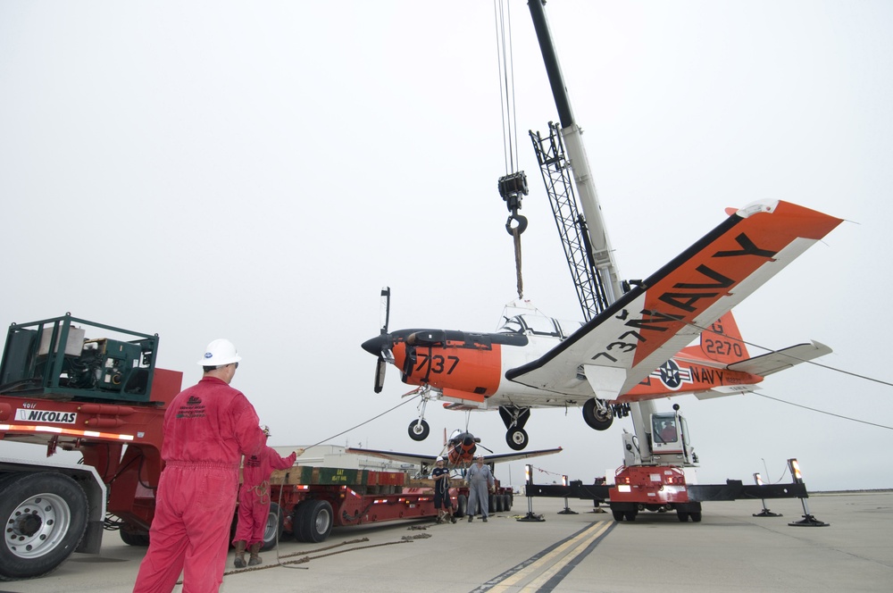 Training aircraft prepared for transport at Naval Air Station Corpus Christi