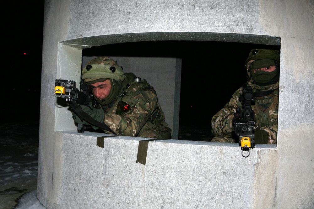 Multinational forces bury their tracks along the snow-covered 'Black Forest' region of Bavaria