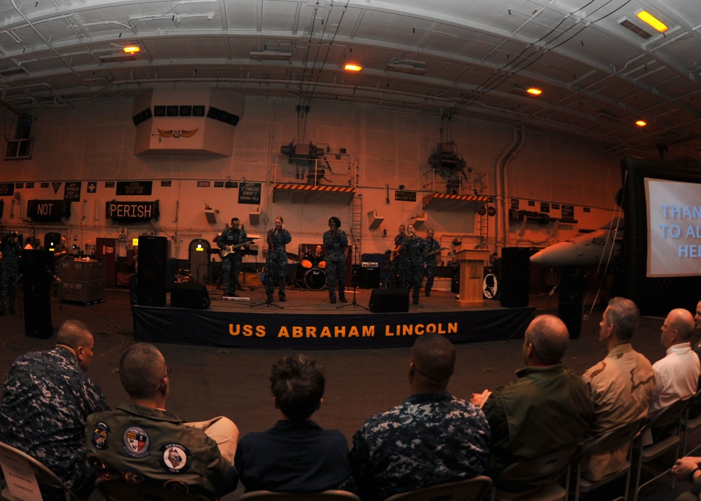 USS Abraham Lincoln band performs in hangar bay