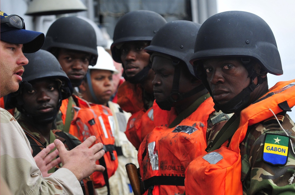 Obangame Express 2012: Boarding team from the Gabon navy and Sao Tome and Principe coast guard train aboard USS Simpson