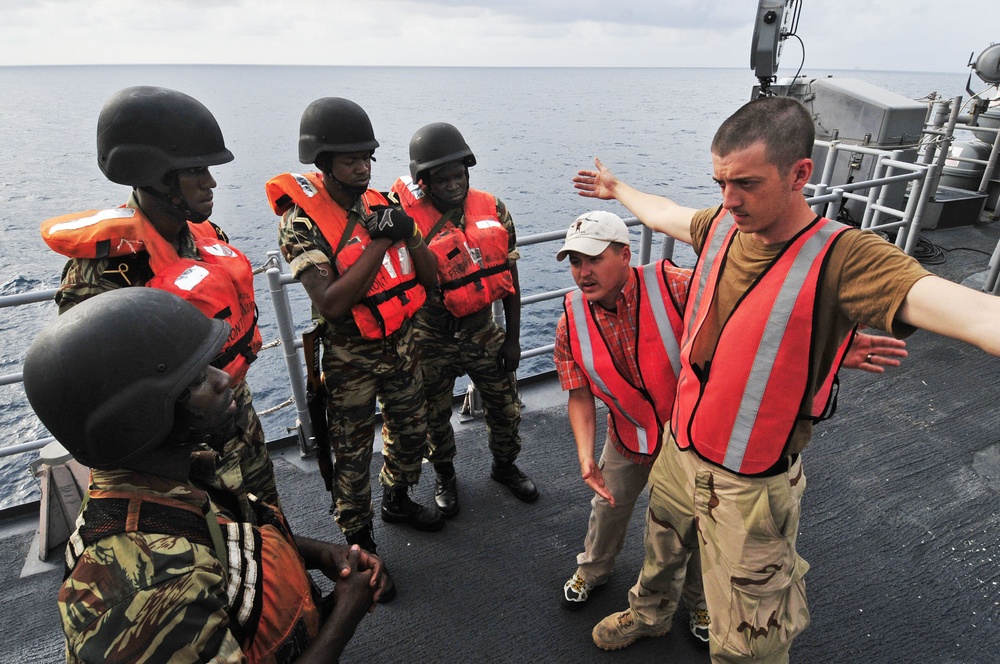 Obangame Express 2012: Boarding team from the Gabon navy and Sao Tome and Principe coast guard train aboard USS Simpson