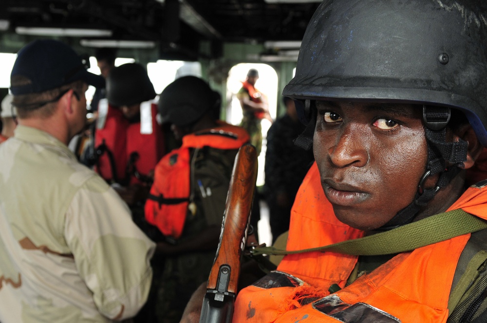 Obangame Express 2012: Boarding team from the Gabon navy and Sao Tome and Principe coast guard train aboard USS Simpson