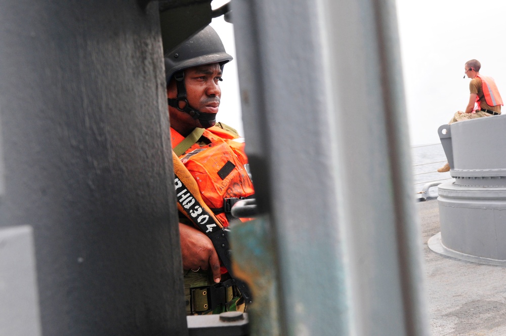 Obangame Express 2012: Boarding team from the Gabon navy and Sao Tome and Principe coast guard train aboard USS Simpson