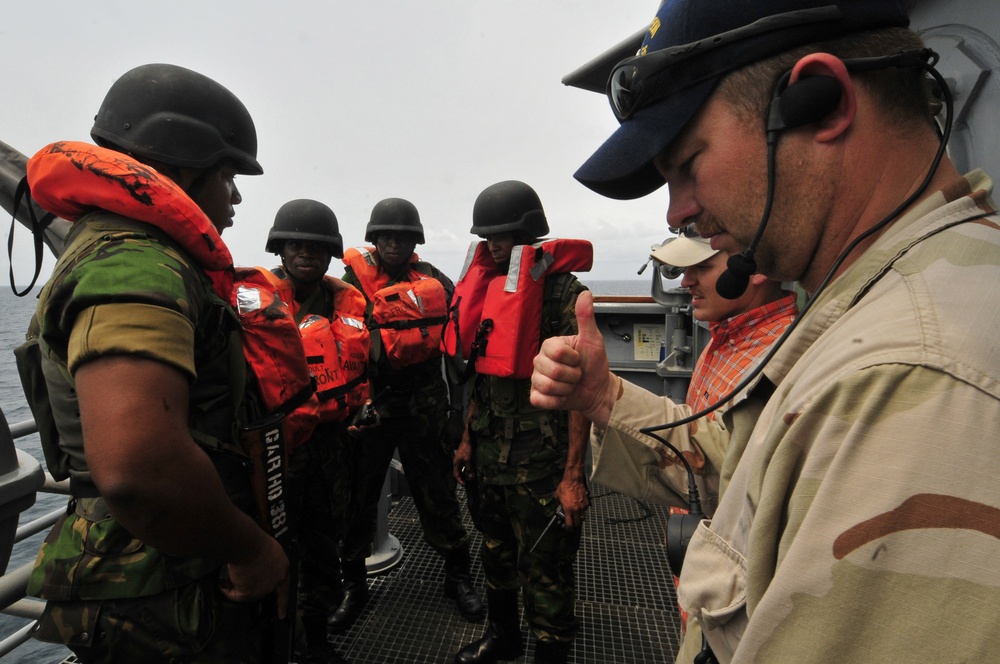 Obangame Express 2012: Boarding team from the Gabon navy and Sao Tome and Principe coast guard train aboard USS Simpson