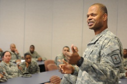 Senior Quartermaster NCO speaks to Sustainment Soldiers