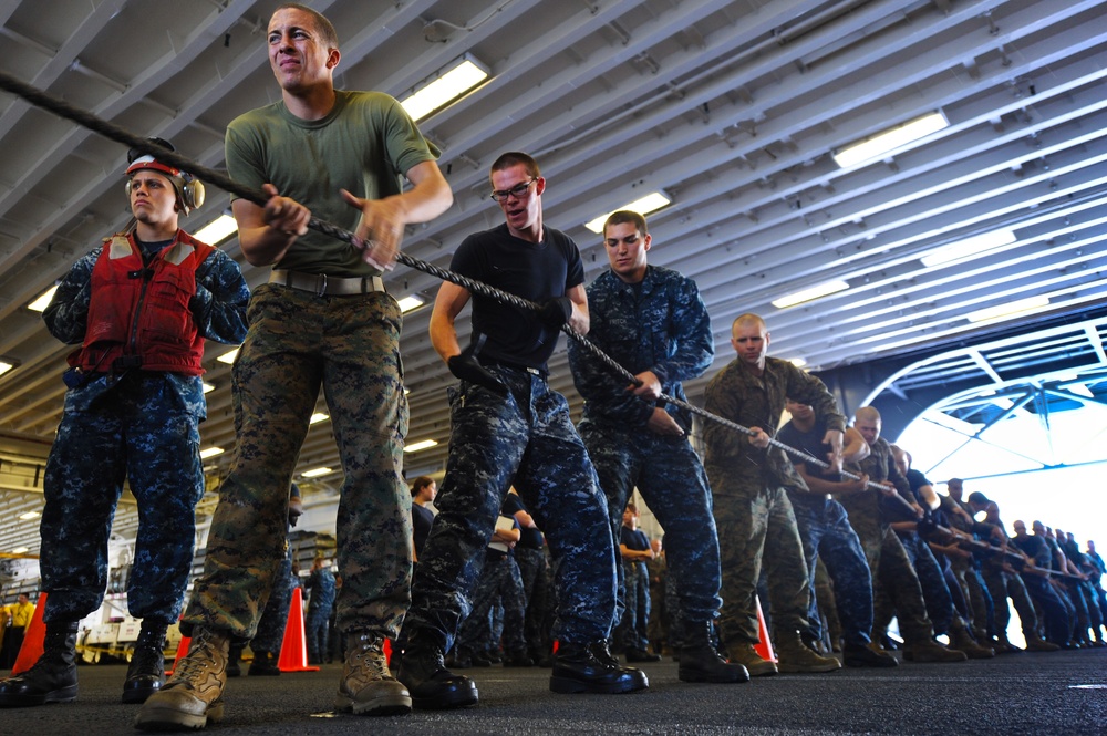 Marines line handle aboard USS Bonhomme Richard