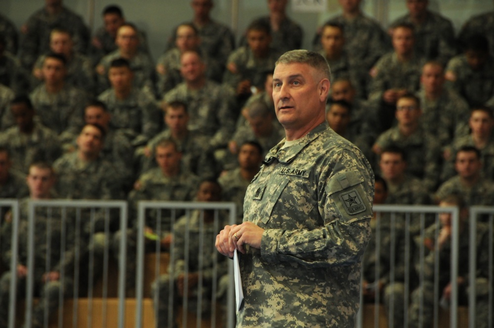 Sergeant major of the Army soldiers during a town hall meeting