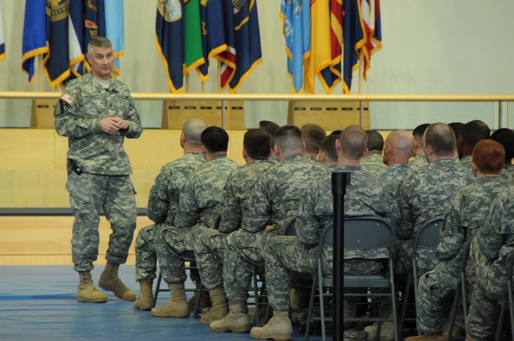 Sergeant major of the Army soldiers during a town hall meeting