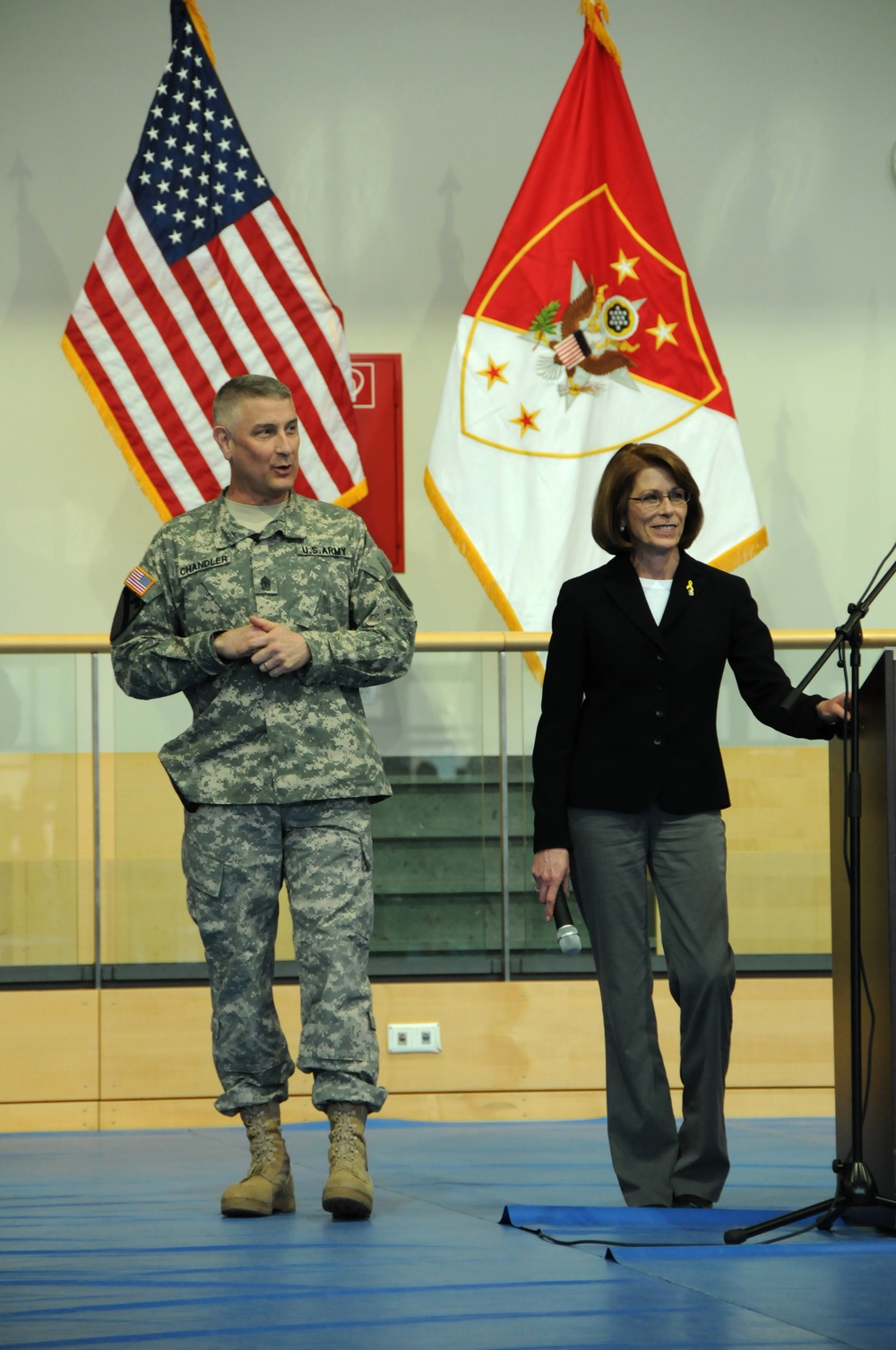 Raymond F. Chandler III and wife, Jeanne Chandler, take and answer questions during a Town Hall meeting