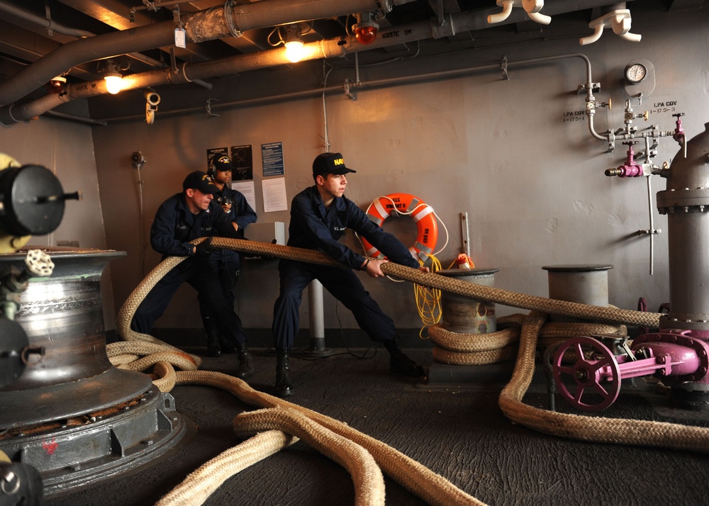 Line-handling operations aboard USS Dwight D. Eisenhower