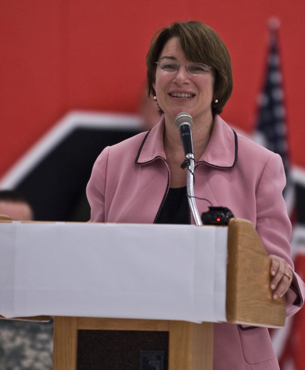 Senator Amy Klobuchar talks at welcome home ceremony
