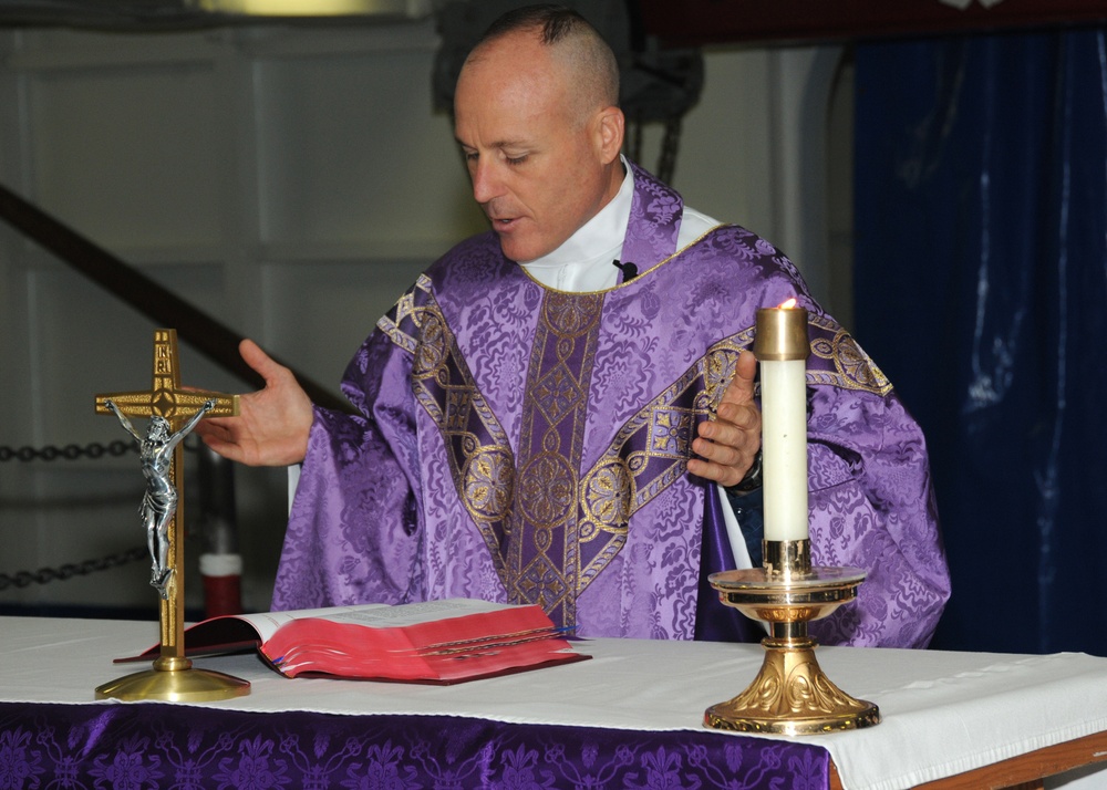 Navy chaplain during worship service