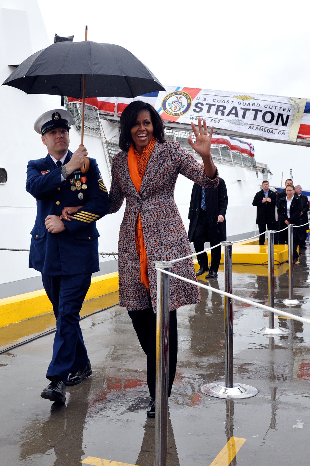 First Lady Michelle Obama arrives at the Coast Guard Cutter Stratton before the ship's commissioning ceremony