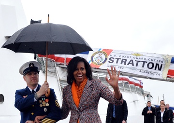 First Lady Michelle Obama arrives at the Coast Guard Cutter Stratton before the ship's commissioning ceremony