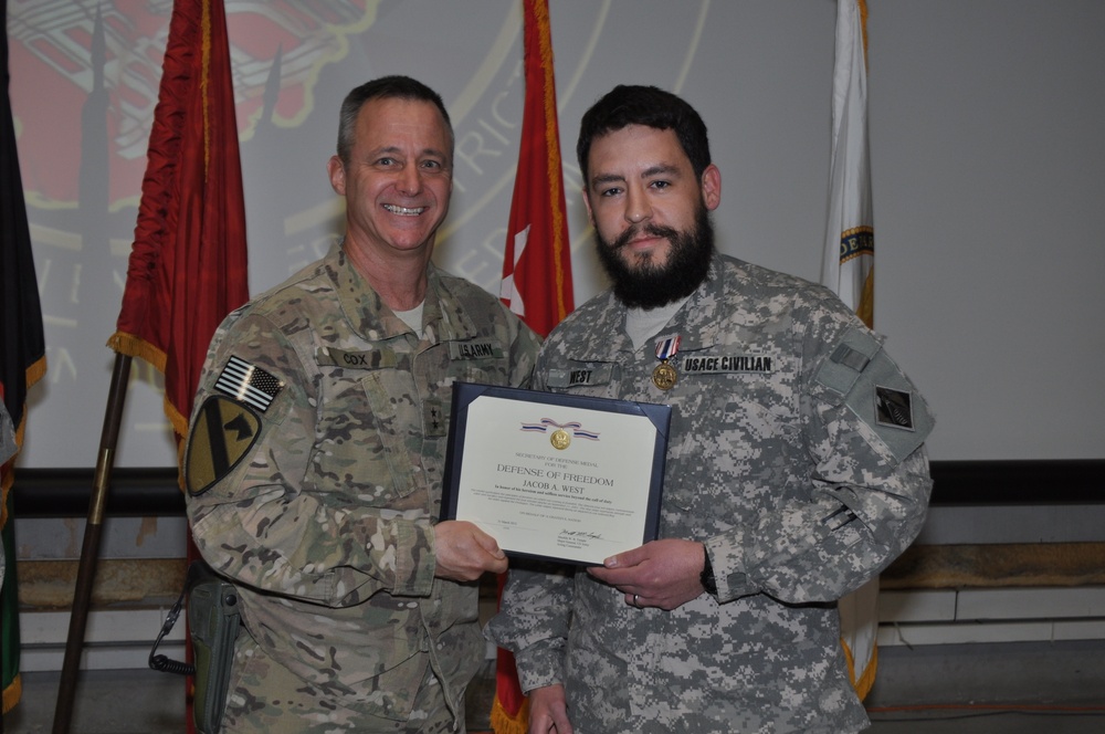 Two USACE civilians receive the Defense of Freedom Medal in Afghanistan
